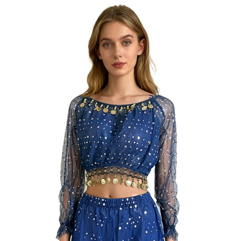 Hosszú ujjú flitteres felső belly dance és indiai táncra – poliészter (95%+).