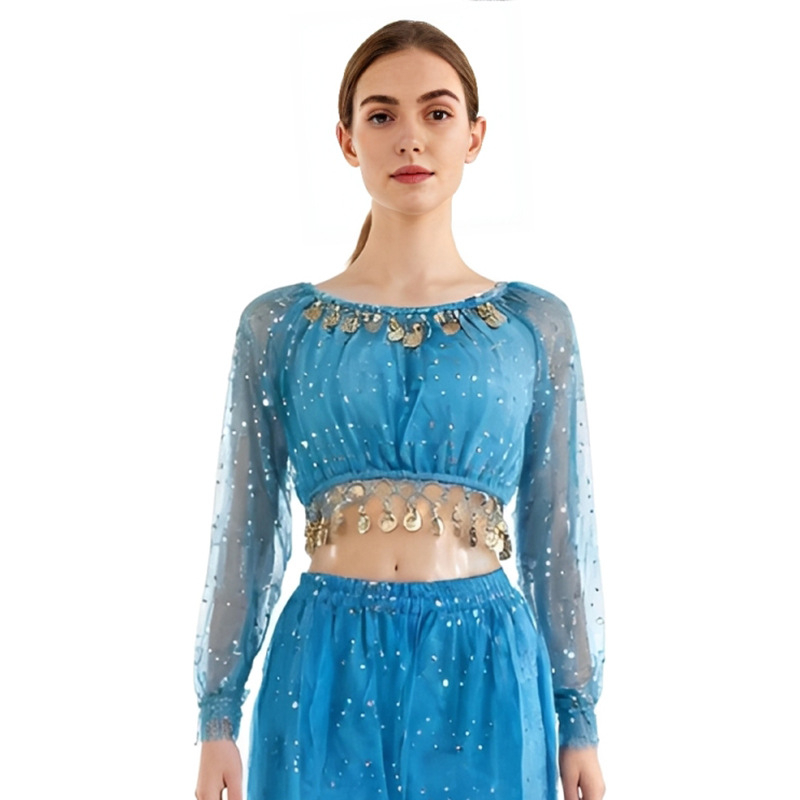 Hosszú ujjú flitteres felső belly dance és indiai táncra – poliészter (95%+).