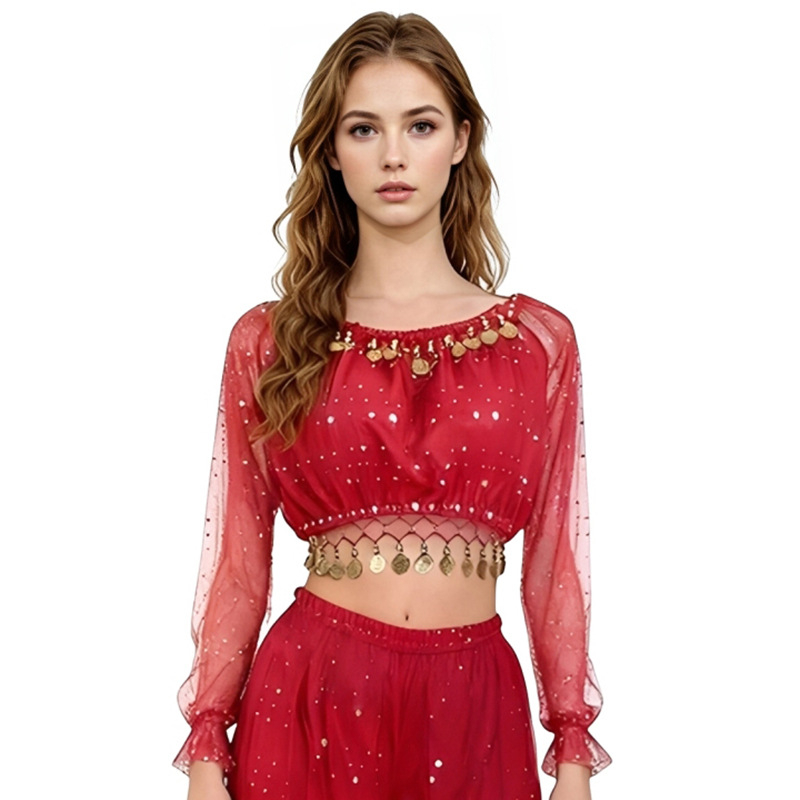 Hosszú ujjú flitteres felső belly dance és indiai táncra – poliészter (95%+).