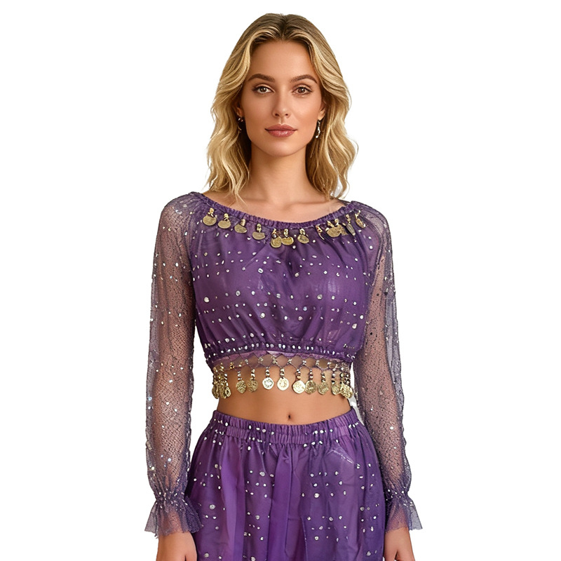 Hosszú ujjú flitteres felső belly dance és indiai táncra – poliészter (95%+).