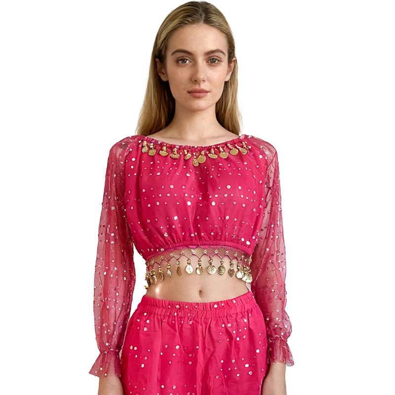 Hosszú ujjú flitteres felső belly dance és indiai táncra – poliészter (95%+).