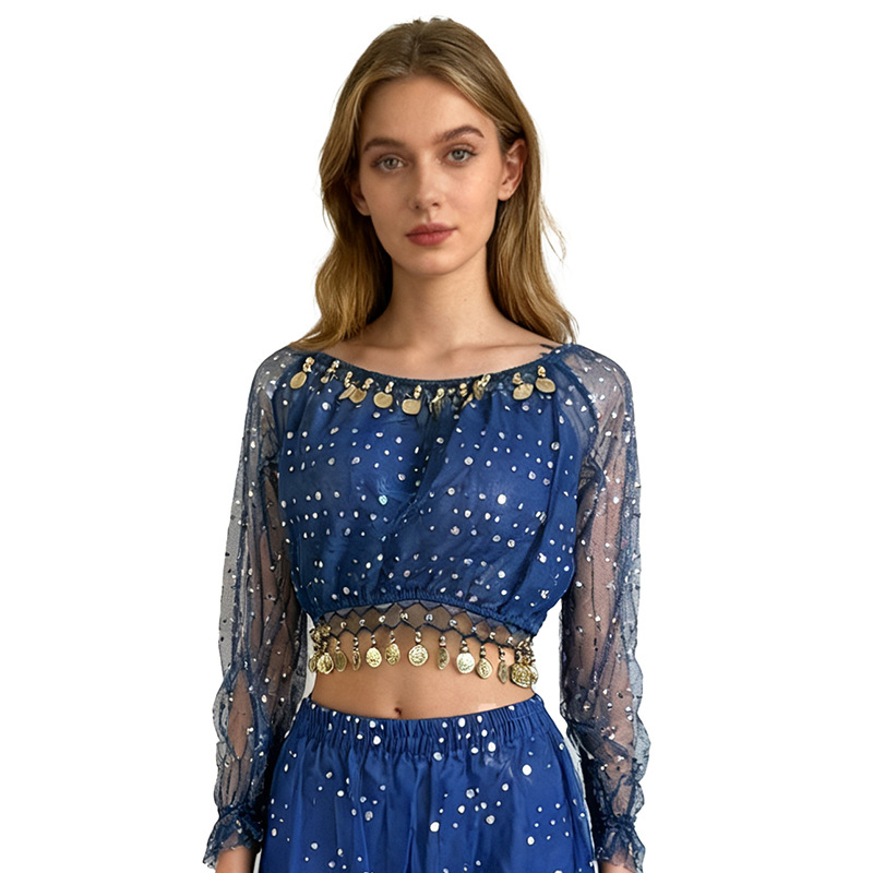 Hosszú ujjú flitteres felső belly dance és indiai táncra – poliészter (95%+).