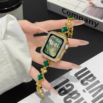 Kovový remienok pre Apple Watch s dizajnom štvorlístka a diamantovými detailmi, značky Burei, kompatibilný s Apple Watch Ultra/SE/Series 1–10