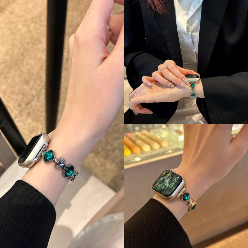 Kovový remienok pre Apple Watch s dizajnom štvorlístka a diamantovými detailmi, značky Burei, kompatibilný s Apple Watch Ultra/SE/Series 1–10