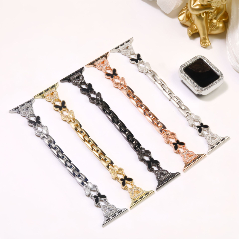 Μεταλλικός ιμάντας ρολογιού με σχέδιο πεταρούδας, διαμαντενια επένδυση σε μαργαριτάρι τύπου mother-of-pearl, συμβατός με Apple iWatch Ultra/SE/σειρές 1–10 (Μάρκα: Burei; Στυλ: Μινιμαλιστικό; Κυκλοφορία: Φθινόπωρο 2025)