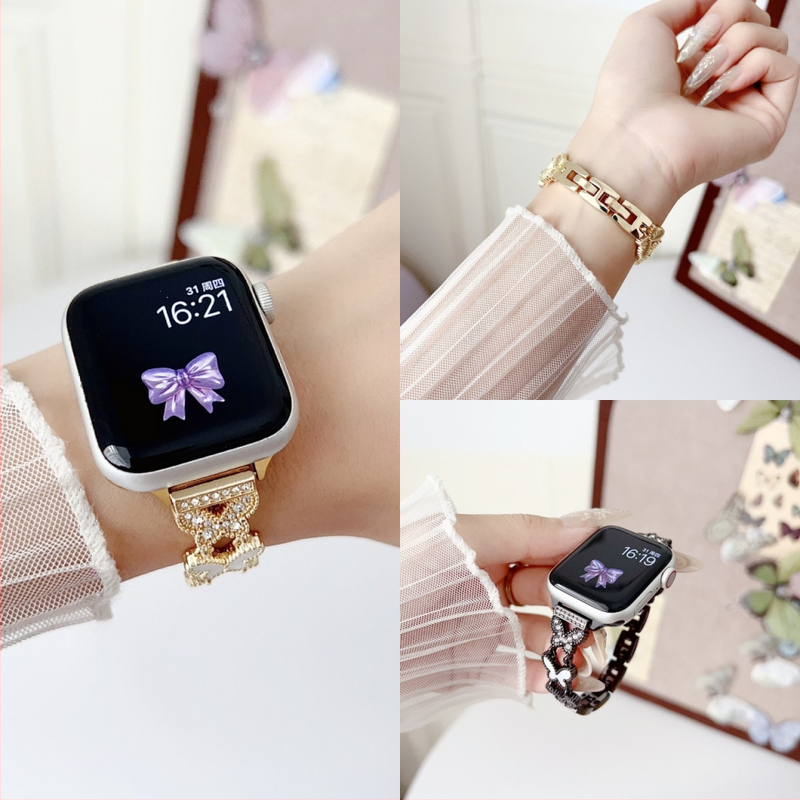 Kovový remienok na hodinky s motívom motýľa, diamantovo osadená matná perla (mother-of-pearl), kompatibilný s Apple iWatch Ultra/SE/Series 1–10, značky Burei (Jeseň 2025)