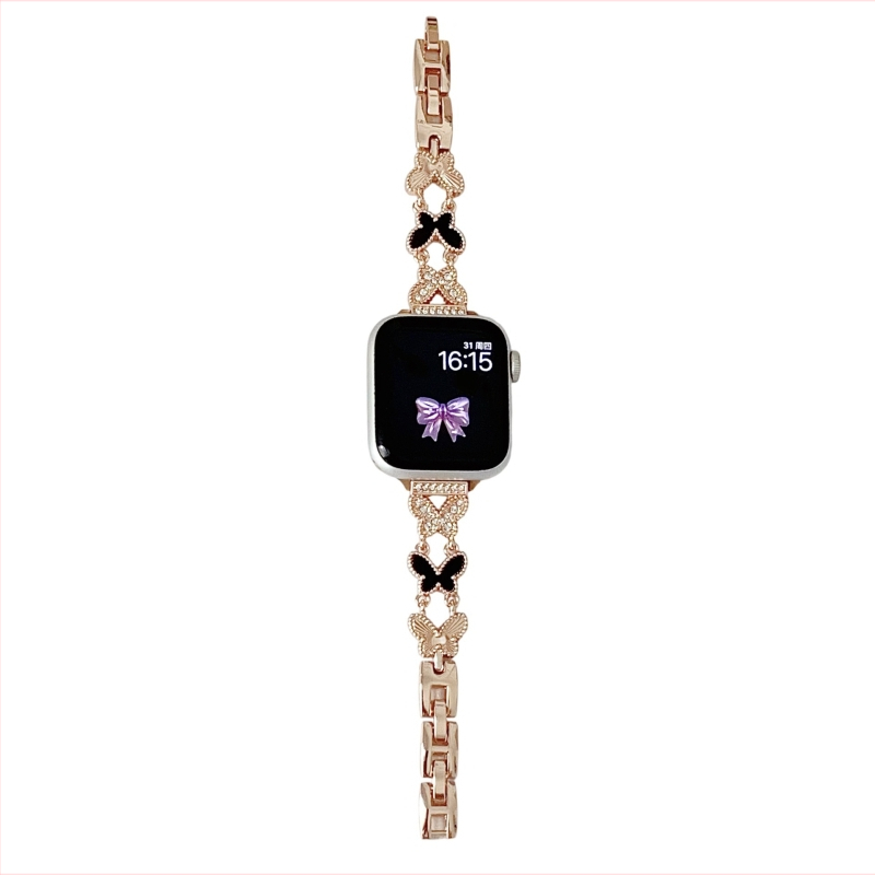 Kovový remienok na hodinky s motívom motýľa, diamantovo osadená matná perla (mother-of-pearl), kompatibilný s Apple iWatch Ultra/SE/Series 1–10, značky Burei (Jeseň 2025)