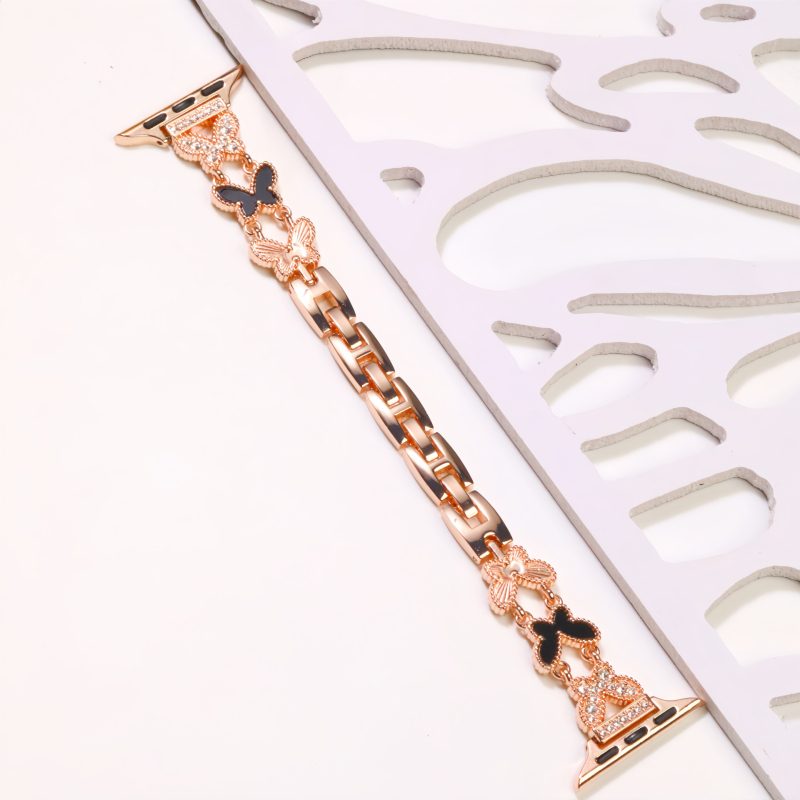 Μεταλλικός ιμάντας ρολογιού με σχέδιο πεταρούδας, διαμαντενια επένδυση σε μαργαριτάρι τύπου mother-of-pearl, συμβατός με Apple iWatch Ultra/SE/σειρές 1–10 (Μάρκα: Burei; Στυλ: Μινιμαλιστικό; Κυκλοφορία: Φθινόπωρο 2025)