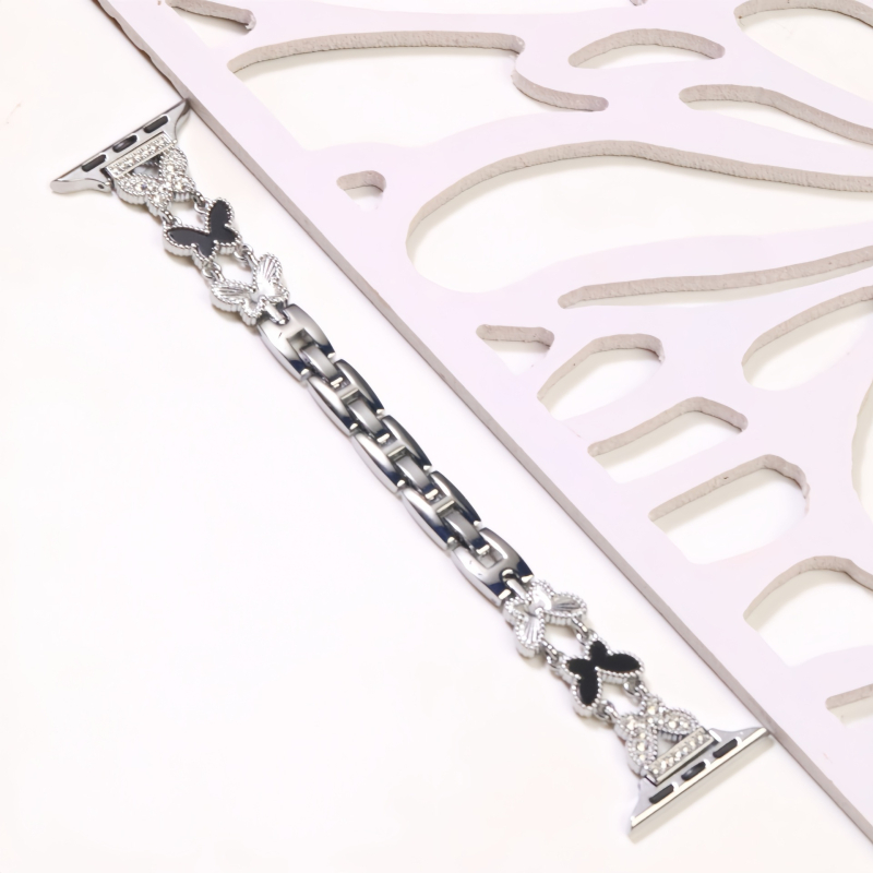 Μεταλλικός ιμάντας ρολογιού με σχέδιο πεταρούδας, διαμαντενια επένδυση σε μαργαριτάρι τύπου mother-of-pearl, συμβατός με Apple iWatch Ultra/SE/σειρές 1–10 (Μάρκα: Burei; Στυλ: Μινιμαλιστικό; Κυκλοφορία: Φθινόπωρο 2025)