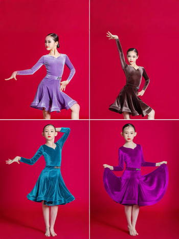 Bērnu latīņu deju kostīms meitenēm — scenai un mēģinājumiem, latīņu stils, korejiešu velūrs, 100% acetāta šķiedra, bērniem 3–8 gadi