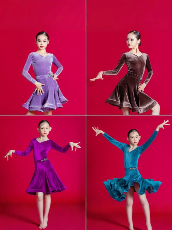 Bērnu latīņu deju kostīms meitenēm — scenai un mēģinājumiem, latīņu stils, korejiešu velūrs, 100% acetāta šķiedra, bērniem 3–8 gadi