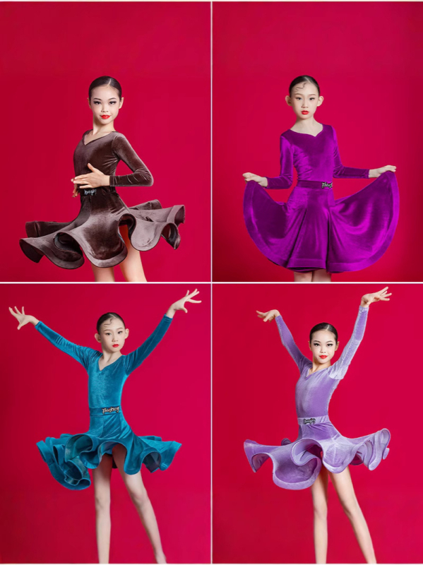 Bērnu latīņu deju kostīms meitenēm — scenai un mēģinājumiem, latīņu stils, korejiešu velūrs, 100% acetāta šķiedra, bērniem 3–8 gadi