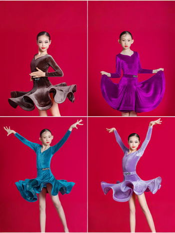 Bērnu latīnā dejotāju kleita, latīņa stils, korejiešu samts, 100% acetāta šķiedra, piemērots 3–8 gadu vecumam, pavasaris 2025