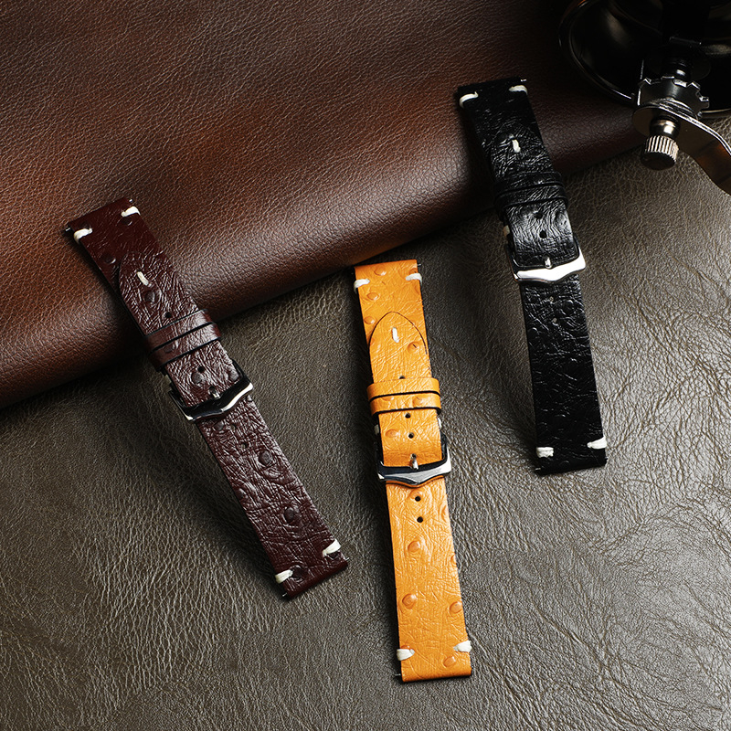 Ζώνη ρολογιού για smart watch - γνήσιο δέρμα, με υφή στρουθοκαμήλου, διπλής όψεως, με γρήγορη αποδέσμευση και αγκράφα με βύσμα, καθολική συμβατότητα
