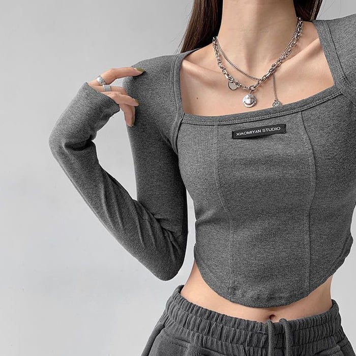 Ženski dugi rukav majica s kvadratnim ovratnikom i dizajnom ključne kosti, nepravilni rub, kratka kroj, poliester