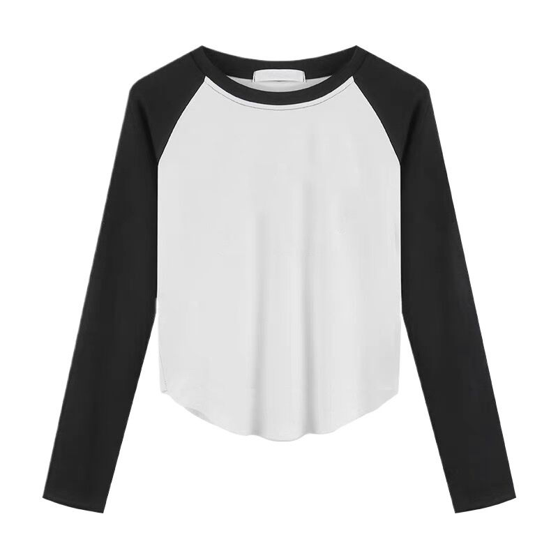 Osnovni top s dugim rukavima, patchwork dizajn, uski kroj, okrugli izrez
