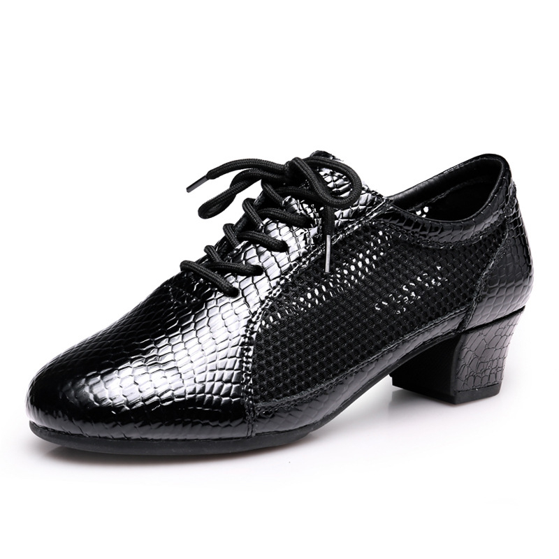 Дамски танцови обувки – латински танци, дишащи, среден ток, горна част от синтетична кожа, подметка PU