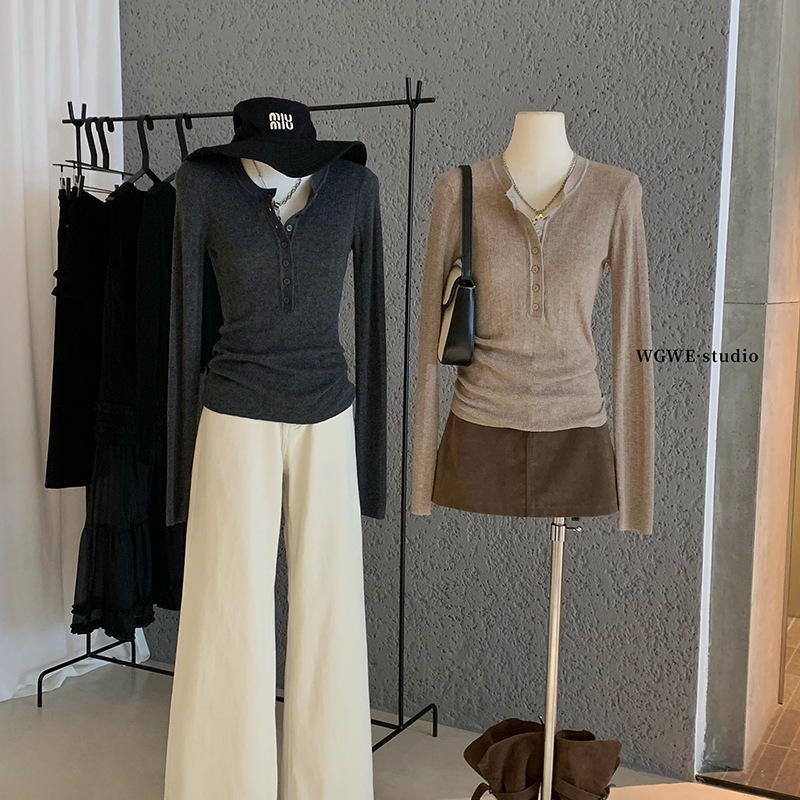 Pamukasta pletena majica s Henry ovratnikom, dugi rukavi, 95%+ pamuk, jednofarbni uzorak