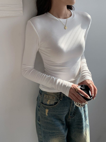 Top s dugim rukavima od pamuka, uski kroj, okrugli ovratnik, panelni dizajn, 95% pamuk + 2% elastan