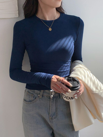 Top s dugim rukavima od pamuka, uski kroj, okrugli ovratnik, panelni dizajn, 95% pamuk + 2% elastan