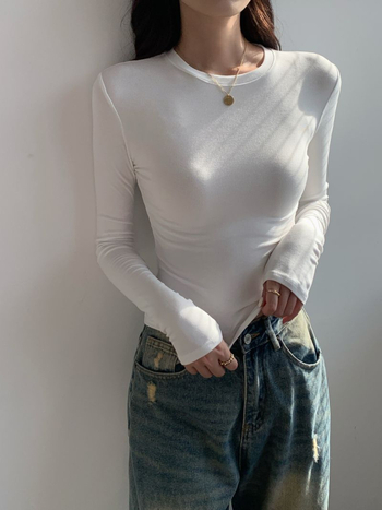 Top s dugim rukavima od pamuka, uski kroj, okrugli ovratnik, panelni dizajn, 95% pamuk + 2% elastan