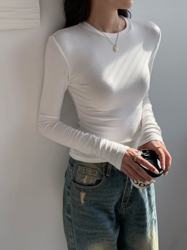 Top s dugim rukavima od pamuka, uski kroj, okrugli ovratnik, panelni dizajn, 95% pamuk + 2% elastan