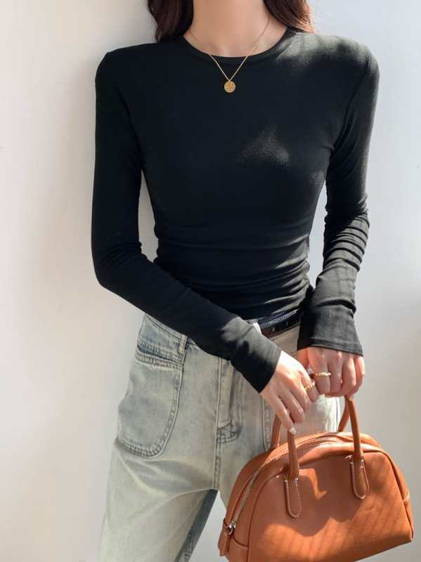 Top s dugim rukavima od pamuka, uski kroj, okrugli ovratnik, panelni dizajn, 95% pamuk + 2% elastan