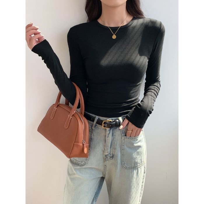 Top s dugim rukavima od pamuka, uski kroj, okrugli ovratnik, panelni dizajn, 95% pamuk + 2% elastan