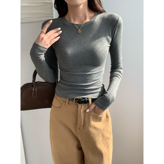 Top s dugim rukavima od pamuka, uski kroj, okrugli ovratnik, panelni dizajn, 95% pamuk + 2% elastan