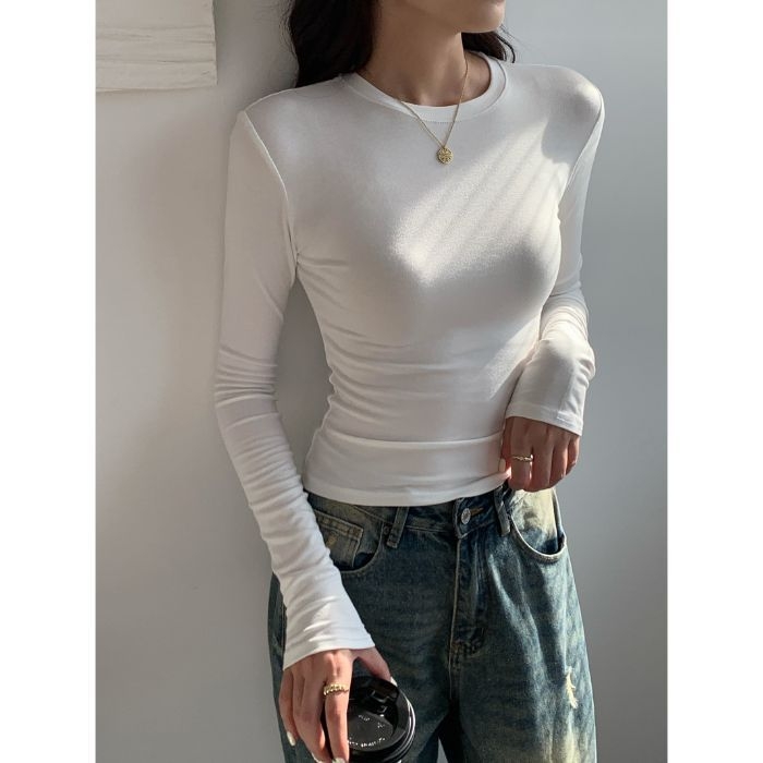 Top s dugim rukavima od pamuka, uski kroj, okrugli ovratnik, panelni dizajn, 95% pamuk + 2% elastan