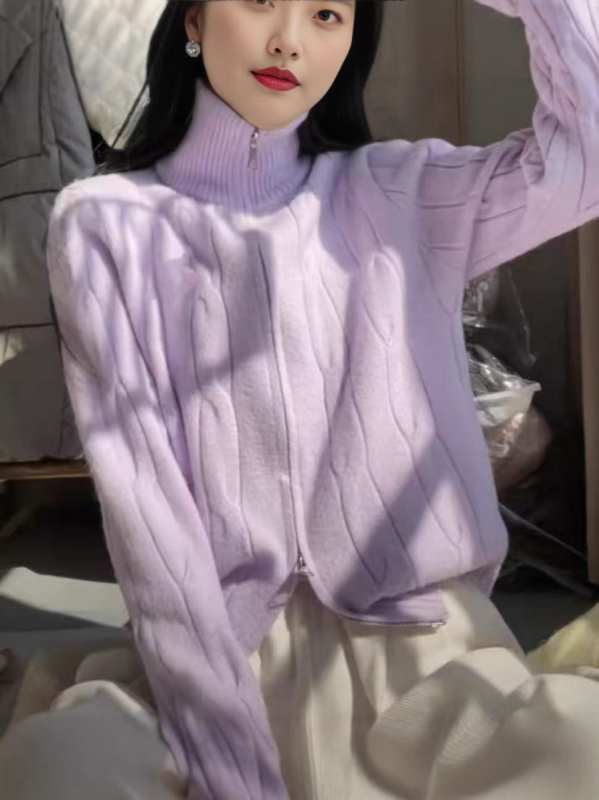 Ženski kardigan-sveter s polu-visokim ovratnikom, 3D uzorak, debeli pleteni materijal, udoban kroj, zatvarač