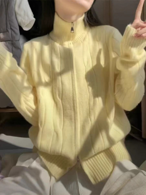 Ženski kardigan-sveter s polu-visokim ovratnikom, 3D uzorak, debeli pleteni materijal, udoban kroj, zatvarač