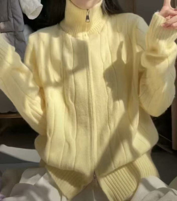 Ženski kardigan-sveter s polu-visokim ovratnikom, 3D uzorak, debeli pleteni materijal, udoban kroj, zatvarač