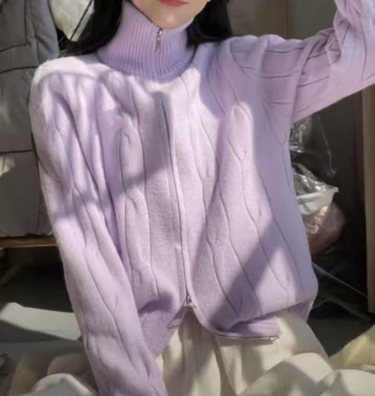 Ženski kardigan-sveter s polu-visokim ovratnikom, 3D uzorak, debeli pleteni materijal, udoban kroj, zatvarač