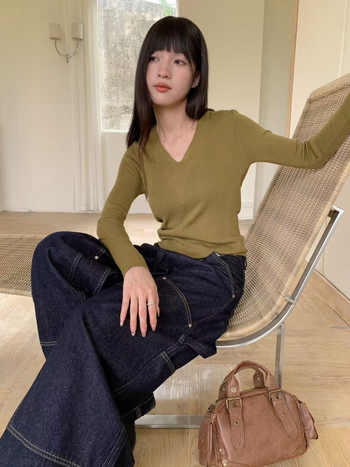 Pulover tricotat pentru femei, decolteu în V, mâneci lungi, croială Slim, stil coreean, 70-80% poliester