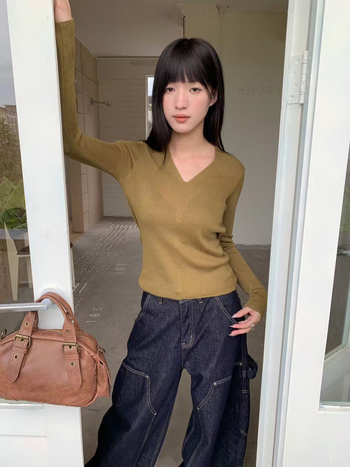 Pulover tricotat pentru femei, decolteu în V, mâneci lungi, croială Slim, stil coreean, 70-80% poliester