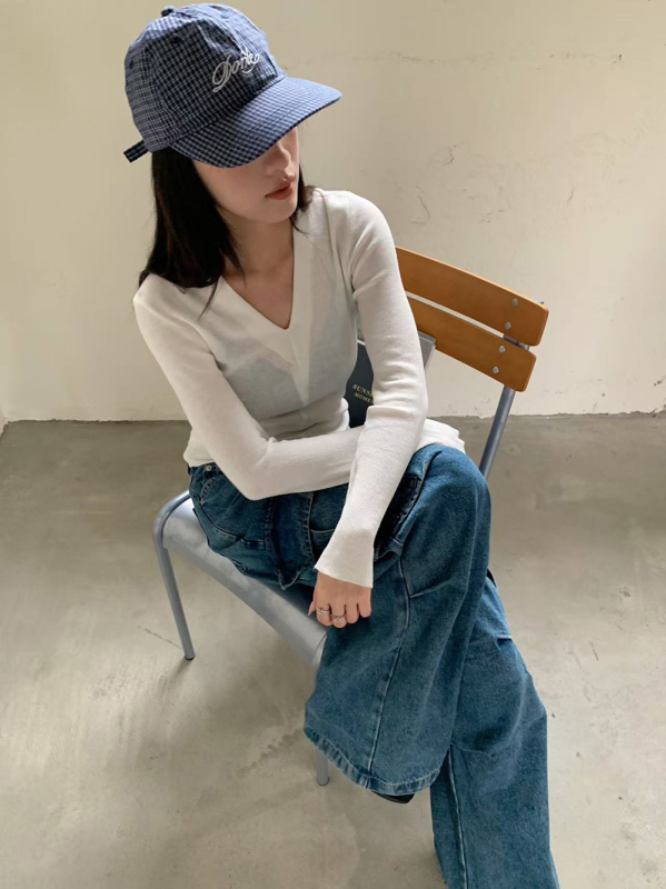 Pulover tricotat pentru femei, decolteu în V, mâneci lungi, croială Slim, stil coreean, 70-80% poliester