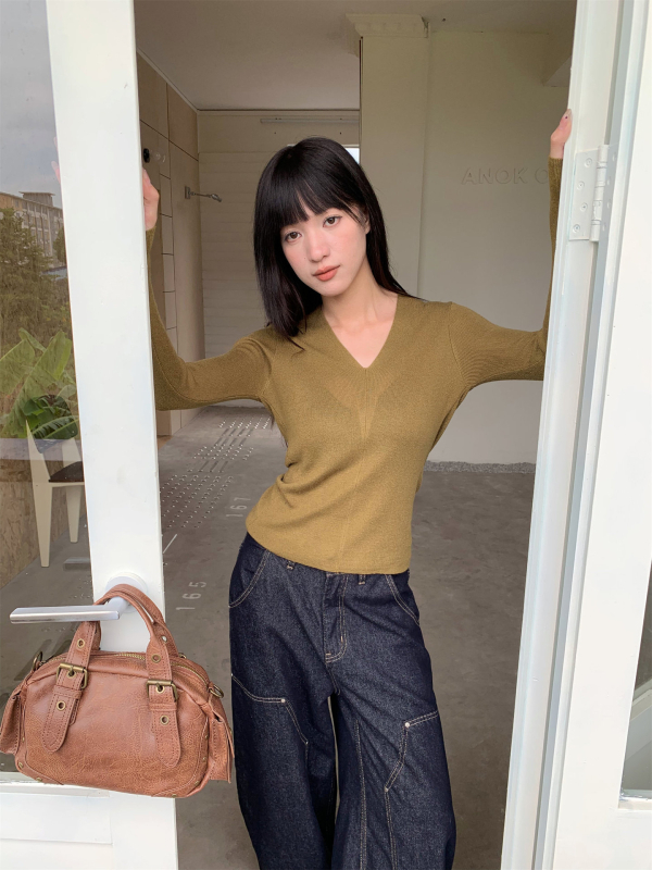 Pulover tricotat pentru femei, decolteu în V, mâneci lungi, croială Slim, stil coreean, 70-80% poliester