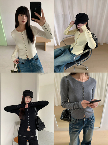 Cardigan tricotat din bumbac pentru femei – 80–90% bumbac, mâneci lungi, fără guler, închidere cu nasturi simple, model solid