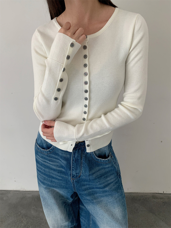 Cardigan tricotat din bumbac pentru femei – 80–90% bumbac, mâneci lungi, fără guler, închidere cu nasturi simple, model solid