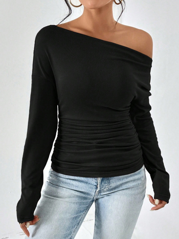 Top bez ramena, dugi rukavi, ovratnik u jednoj liniji, Milk Silk tkanina, poliester 95%+