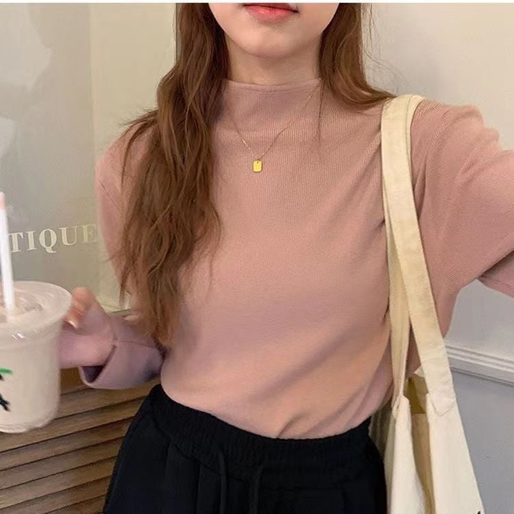 Pulover tricotat cu guler semiînalt, croială slim, mâneci lungi, material Andy Velvet cu poliester, culoare solidă, sezon toamnă-iarnă