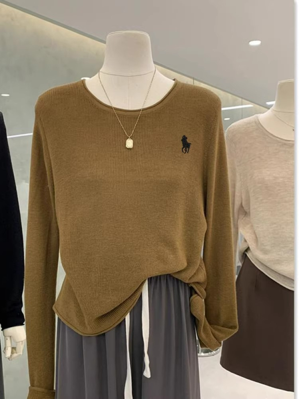 Top tricotat pentru femei, culoare uni, guler rotund, mâneci lungi, croială lejeră, amestec bumbac-poliester, stil elegant urban, toamnă 2025