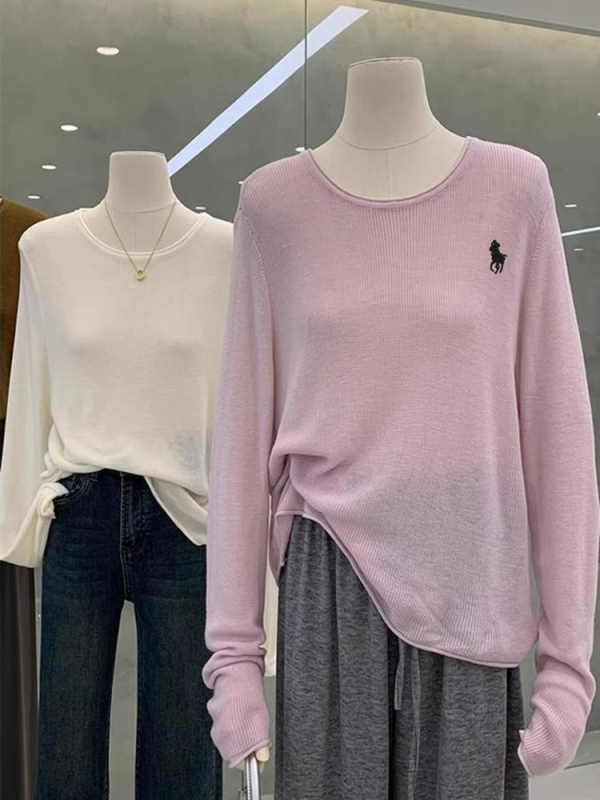 Top tricotat pentru femei, culoare uni, guler rotund, mâneci lungi, croială lejeră, amestec bumbac-poliester, stil elegant urban, toamnă 2025