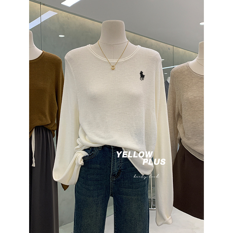 Top tricotat pentru femei, culoare uni, guler rotund, mâneci lungi, croială lejeră, amestec bumbac-poliester, stil elegant urban, toamnă 2025