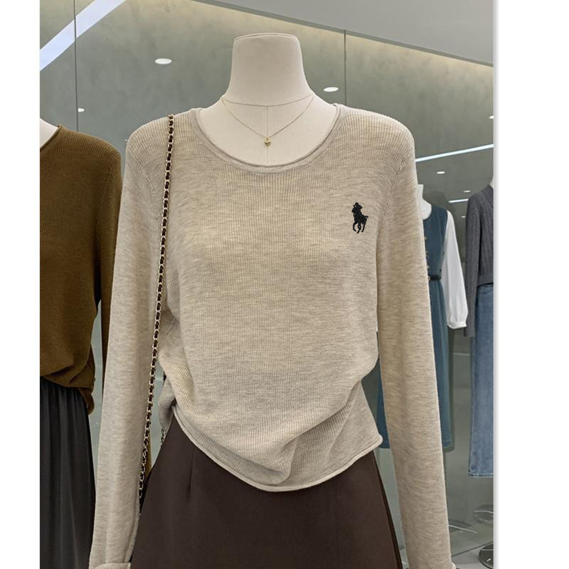 Top tricotat pentru femei, culoare uni, guler rotund, mâneci lungi, croială lejeră, amestec bumbac-poliester, stil elegant urban, toamnă 2025