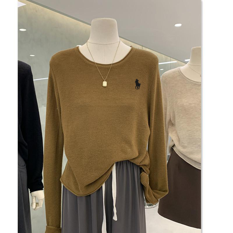 Top tricotat pentru femei, culoare uni, guler rotund, mâneci lungi, croială lejeră, amestec bumbac-poliester, stil elegant urban, toamnă 2025