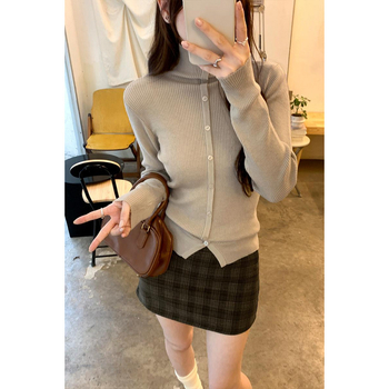 Cardigan tricotat din lână pentru femei, guler înalt, croială slim, mâneci lungi, toamnă 2025
