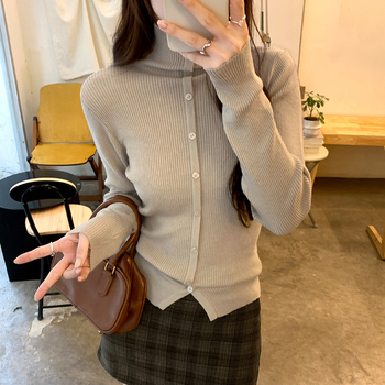 Cardigan tricotat din lână pentru femei, guler înalt, croială slim, mâneci lungi, toamnă 2025