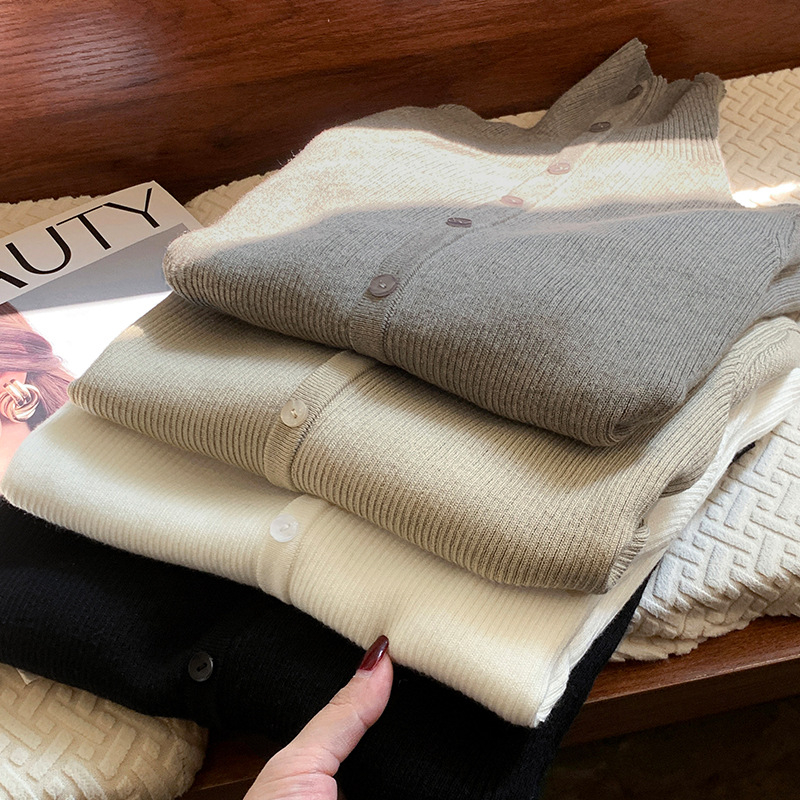 Cardigan tricotat din lână pentru femei, guler înalt, croială slim, mâneci lungi, toamnă 2025